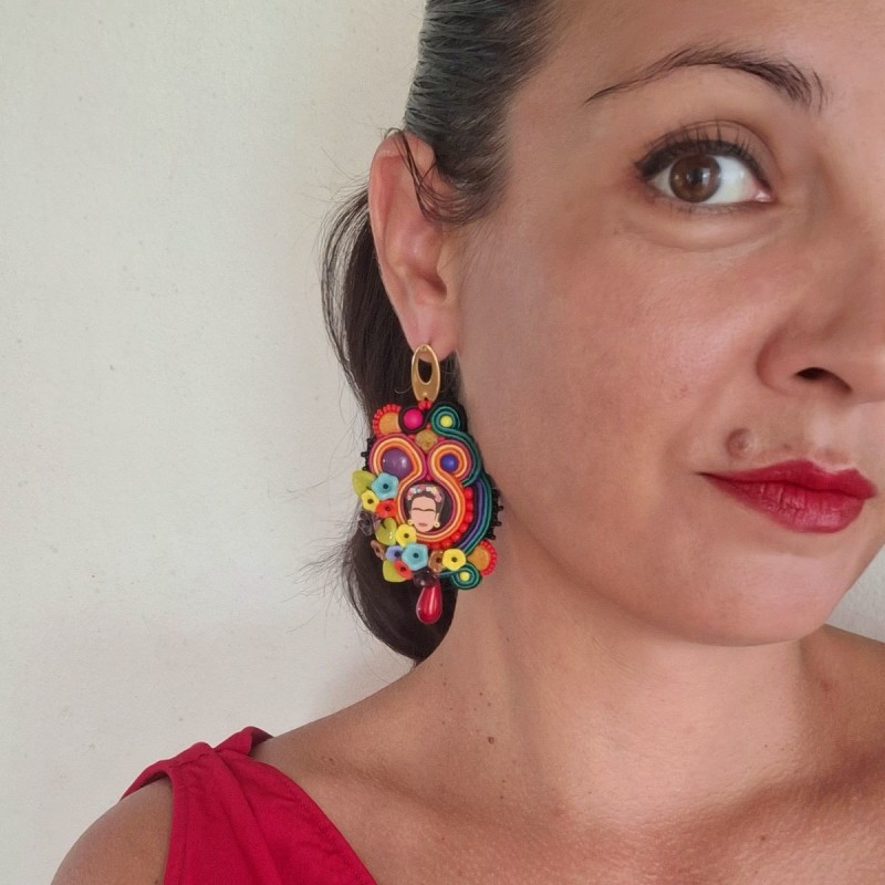 Boucles D'oreilles Cabochon En Verre Inspirées De Frida Kahlo - Multicolores, Dormeuses, Sans Marque