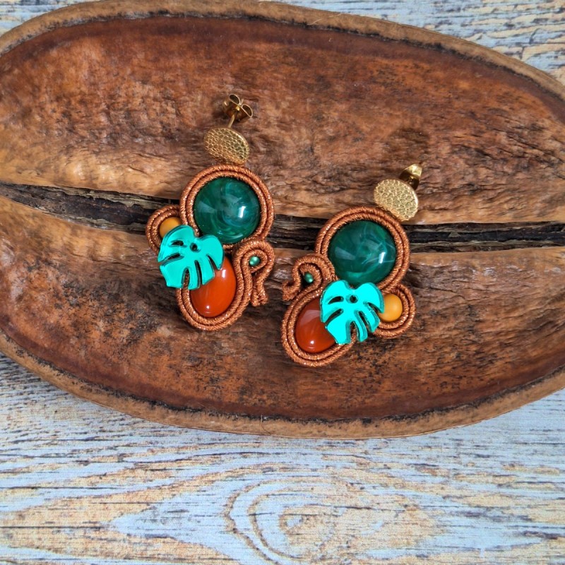 "MONSTERA" boucles soutache, résine et acier inox