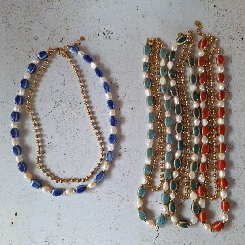 Collier 2 rangs céramique, perles d'eau douce et inox