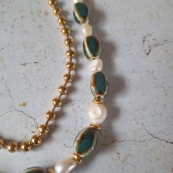 Collier 2 rangs céramique, perles d'eau douce et inox