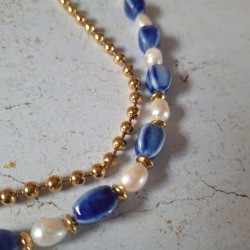 Collier 2 rangs céramique, perles d'eau douce et inox