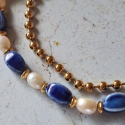 Collier 2 rangs céramique, perles d'eau douce et inox