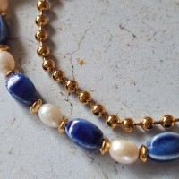 Collier 2 rangs céramique, perles d'eau douce et inox