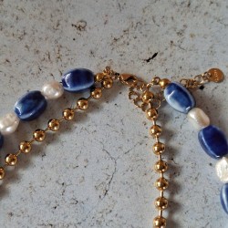 Collier 2 rangs céramique, perles d'eau douce et inox