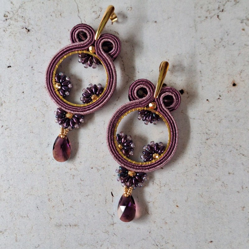 "PRUNE" boucles soutache, inox et cristal