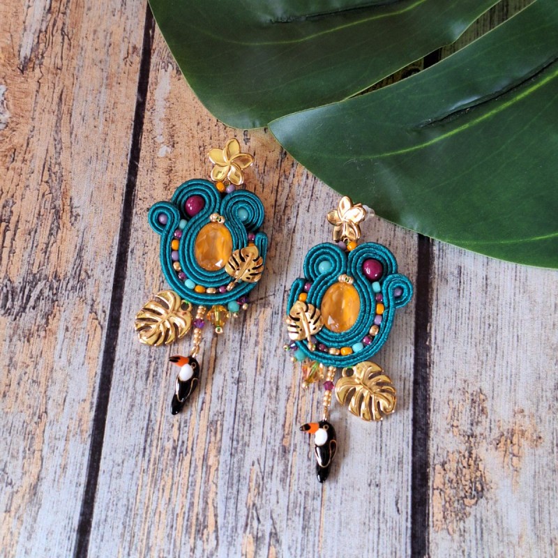 "TROPICAL" boucles soutache, cristal et acier inox
